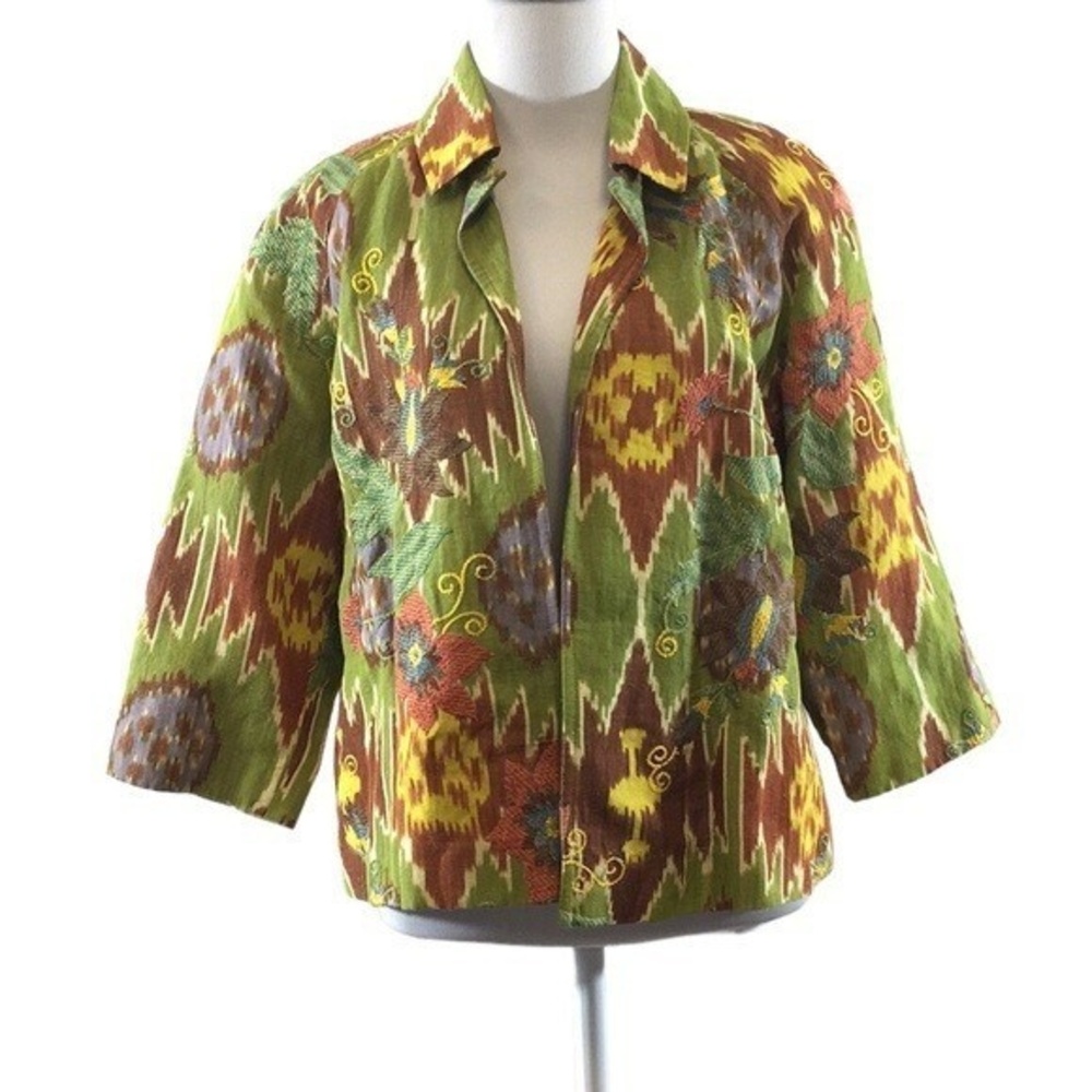 Coldwater Creek Green Yellow Blazer Jacket‎ Womens PM Embroidered Floral Batik